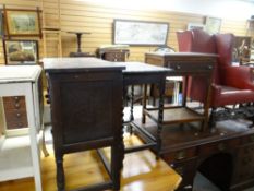 A parcel of mixed furniture including a small carved oak raised cupboard, barley-twist side table,