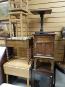 A vintage inlaid bedside cabinet, a small checker top table, two vintage foot stools, a box seat
