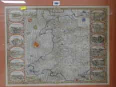 A framed coloured antiquarian JOHN SPEED map of Wales sold by Richard Chiswell Condition Report: