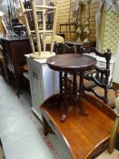 A Long John coffee table with hinging butler's tray top, a circular topped table, a white wood &