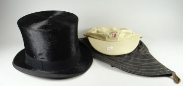 A vintage Woodrow top hat with box, an oil-skin sou'wester type waterproof nautical hat & a 1930s