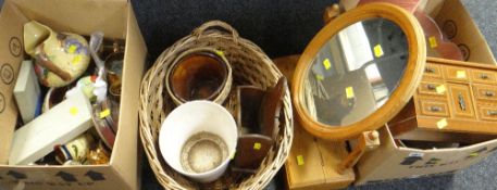Parcel of various kitchenware including flatware, jugs, wicker basket, pine toilet mirror ETC