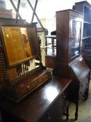A vintage wooden three-section barley-twist fender, narrow bureau bookcase & a vintage dressing