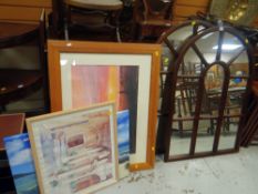A pair of dark wood arch topped window-style mirrors & three framed prints Condition Report: