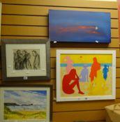 A JOHN F COOPER oil on board of figures on a beach & another oil on canvas together with F WAITE