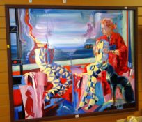 RICHARD O'CONNELL oil on canvas - harlequin figure at a window with Egyptian-style cat, 98 x