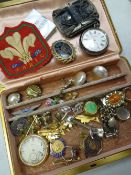 A jewellery box & contents including costume jewellery, a Welsh embroidered rugby badge, a gold