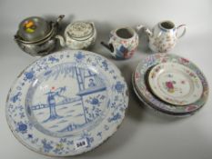 A parcel of Oriental ceramics including tin glazed blue & white plate, various plates, teapots,
