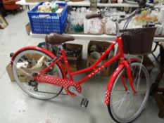 A E Dawes of Birmingham ladies red heart design bike with wicker basket & bell