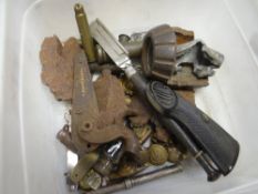 A parcel of believed WWI shrapnel, the remnants of an exploded hand grenade, French rifle part,