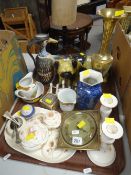 A parcel of mixed items including a pair of pottery pug dogs, brass vase, vintage clock ETC
