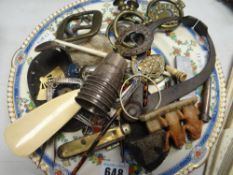 A porcelain dish containing various early twentieth century & later collectables including