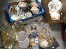 Two vintage ceiling shades, two boxes of glassware & a box of china Condition Report: please request