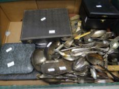 Box of metalware, mainly cutlery, some cased. Condition Report: please request via email.