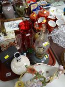 A quantity of modern glassware, a continental pottery figural flower basket, sundry topographical