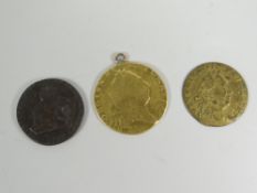 A gold George II spade guinea & two earlier coins, one dated 1702 the other with George III