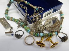 A modern hallmarked silver ingot & a parcel of ethnic jewellery, cuff links,