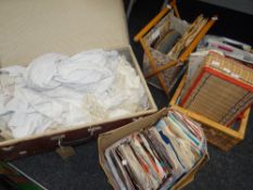 A vintage suitcase, a needlework footstool, quantity of vinyl singles ETC Condition Report: please