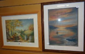 A framed SALLY PEARCE soft pastel landscape & another by the same artist of a sailing ship at sunset