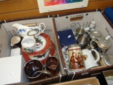 A collection of pottery steins, pottery cake stand, two treacle glazed jugs ETC Condition Report: