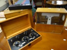 Pair of Oertling cased chemical scales together with a Philip Harris resistance box for school