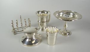 A miniature silver tazza, silver mug, machine turned silver toddy cup & miniature silver toast rack,