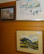 Three furnishing pictures to include river landscape, figures at a harbour & coastal town (3)