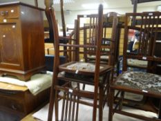 An Edwardian inlaid mahogany night cabinet & three similar bedroom chairs Condition Report: please