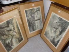 A set of seven hunting & equestrian prints in lightwood frames & three further similar in dark