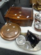 A cutlery canteen box, a copper & brass bed warming pan with turned handle, electroplate, cut