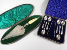 A cased set of six silver spoons & tongs together with a cased EPNS presentation trowel Condition
