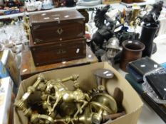 A parcel of brassware, a cobbler's last & three distressed antique writing boxes, pair of spelter