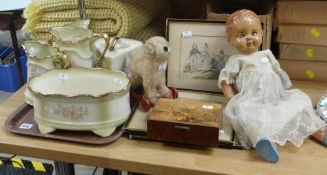 A suite of floral pottery, a small pull-along soft-toy dog, a marquetry cigarette box, ETC Condition