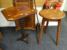 An interesting marquetry top vintage occasional table with twist column support to a tri-form