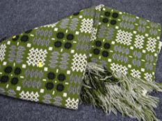 A good traditional Welsh blanket in green ground with flecked grey, black & off-white geometric