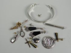 A small parcel of jewellery including Art Deco drop earrings, a modern silver bangle, floral brooch,