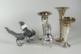 Three weighted silver trumpet vases (damage), silver pepperette and a pair of filigree enamel