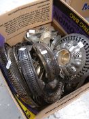 Box of assorted metalware to include cutlery, pierced baskets, serving trays ETC