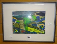 MICHAEL MORTIMOR ROBINSON mixed media colourful coastal scene with sea in background, signed