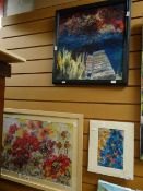 A painting on silk, an unframed limited edition print, an oil painting by LYN MARSDEN WATKINS & a