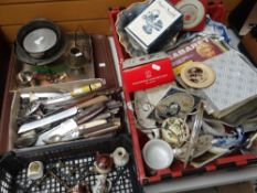 Quantity of ceramic miniatures, metalware, tray of china, collectors plates, carved table lamp &