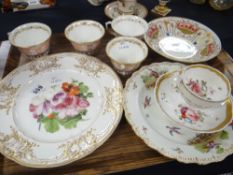 A parcel of antique porcelain including a floral lobed plate, cup & saucer, four matching cups ETC