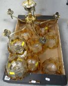 A set of art glass light shades & matching ceiling candelabra Condition Report: please request via