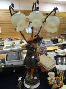 A good reproduction figural three-branch table lamp in the form of a maiden stood beside a rock & on