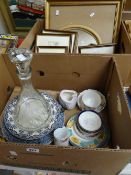 A box of china, a glass decanter & a parcel of small framed signed prints Condition Report: please