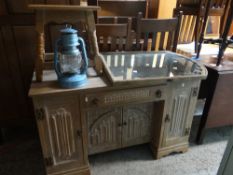 A limed oak mirrored linen fold dressing table & a similar stool / small table Condition Report: