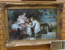 A reproduction oil on canvas depicting a Georgian family in a garden Condition Report: please