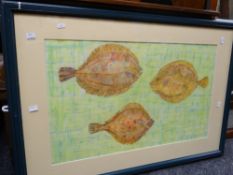 GEMMA JAYNE PAYNE watercolour study of three fish on a green background, framed & glazed