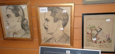 Pair of pencil sketches, side portraits of male & female, both indistinctly signed 'Montmartre',