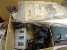 A quantity of cigarette cards, a vintage pair of binoculars in a case ETC Condition Report: please